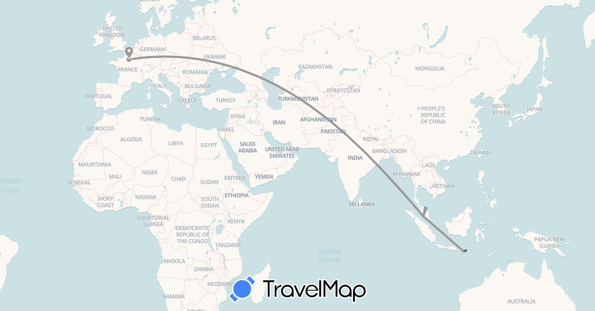 TravelMap itinerary: driving, plane, boat, motorbike in France, Indonesia, Malaysia (Asia, Europe)